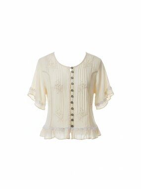 Vintage Cream Embroidered Button-Front Women's Top